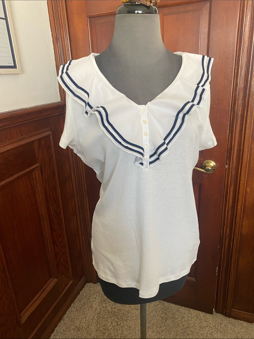 Ralph Lauren White Ruffled Sailor Collar Top with Navy Trim